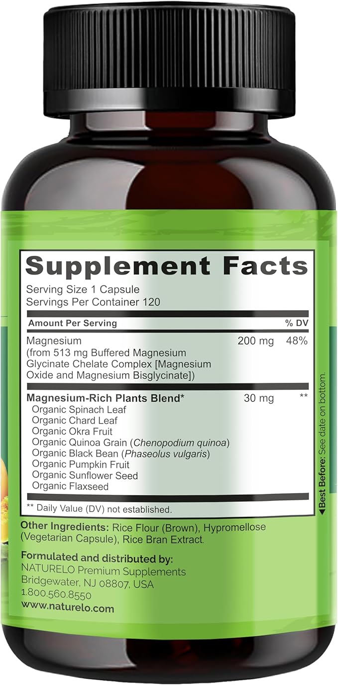 NATURELO Magnesium Glycinate Chelate Complex - 200 mg Magnesium with Organic Vegetables to Support Sleep, Calm, Muscle Cramp & Stress Relief - Gluten Free, Non GMO - 120 Capsules