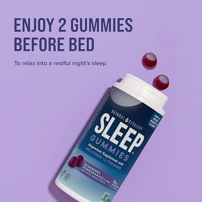 Natural Vitality CALM Sleep Gummies Magnesium Supplement, Melatonin & Magnesium Citrate, Sleep Aid Gummies, L-Theanine, Gluten Free, Helps the Body Ease into Sleep, Blueberry Pomegranate 60 Count
