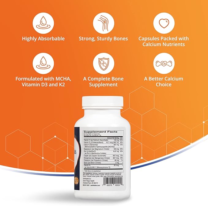 Bone Essentials with MCHA & Collagen, Calcium Supplement w/Calcium Hydroxyapatite for High Absorption, Bone Density and Heart Supplement w/Vitamins, Minerals & Proteins, 120 Capsules