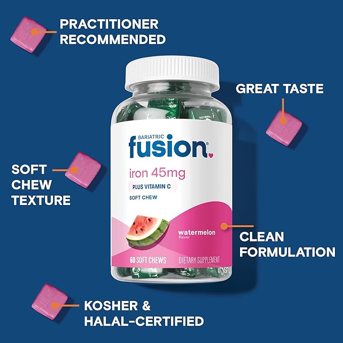 Bariatric Fusion Iron Supplement for Women Anemia | Chewable Iron with Vitamin C | Watermelon Flavored Soft Chew | Gentle on Stomach Ferrous Fumarate for Women and Men | Gluten Free | 60 Count