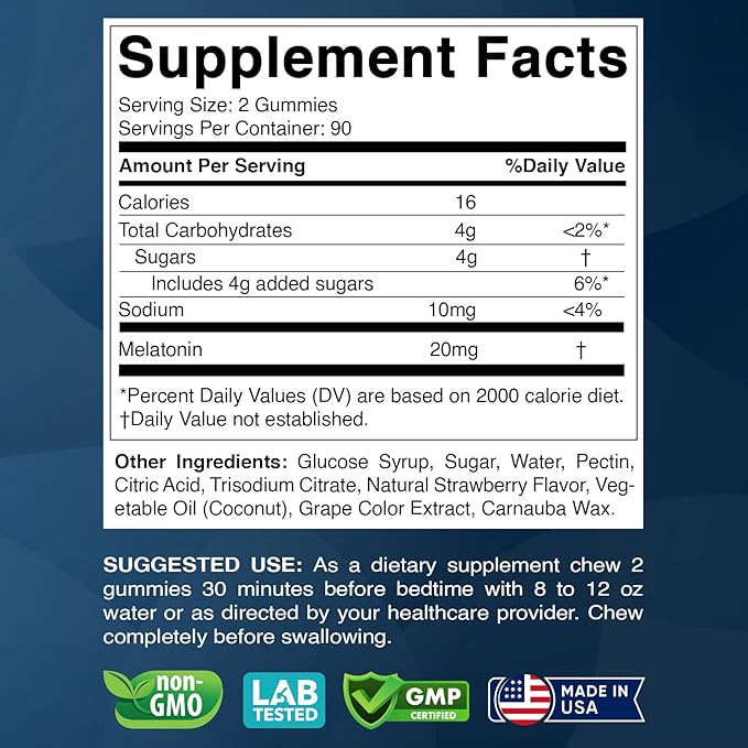 Melatonin 20mg Gummies - 180 Count - Drug Free - Natural Strawberry Flavor - Vegetarian, Non-GMO, Gluten Free (1 Bottles)