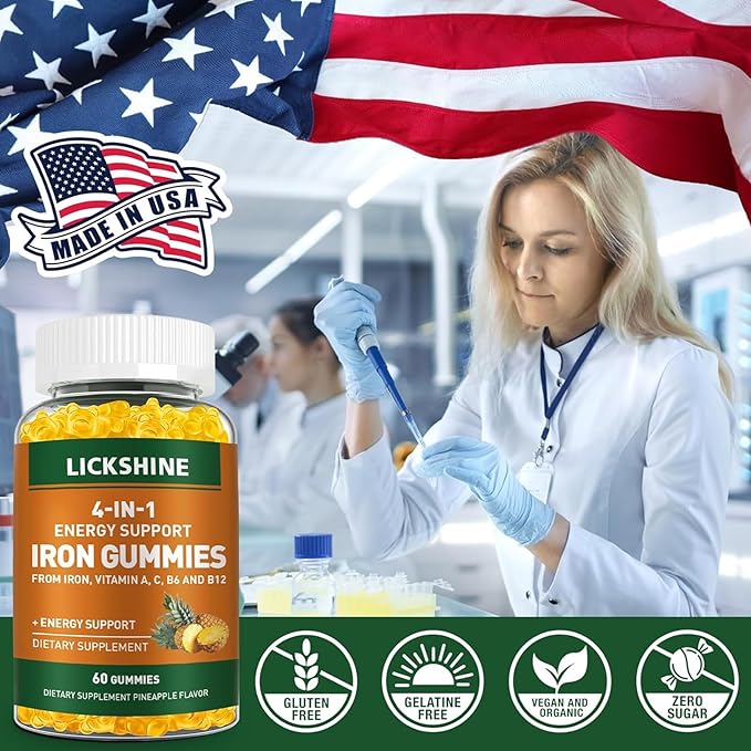 2 Pack Vegan 100MG Iron Supplement Gummies for Women & Men - with Vitamin C, A, B for Adults & Kids - Energy Support for Iron Deficiency, Anemia - Peach Flavor (120 Ct)