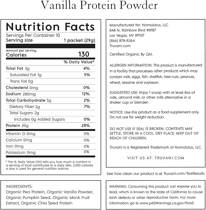 Truvani Vegan Pea Protein Powder | Vanilla | 20g Organic Plant Based Protein | 10 Travel Packets | Keto | Gluten & Dairy Free | Low Carb | No Added Sugar