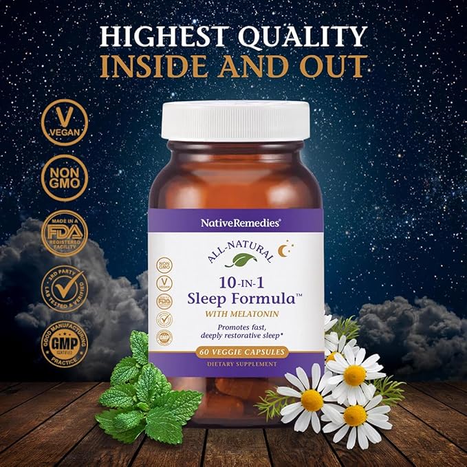 Native Remedies 10-in-1 Formula Natural Sleep Aid for Adults & Kids 4+ - Sleep Supplement with Melatonin 5mg, Magnesium, Valerian Root, Chamomile – Sleeping Aid Support, Non-GMO, Vegan - 60 Capsules