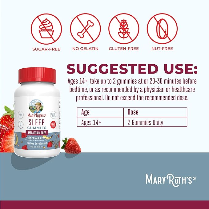 MaryRuth Organics Sleep Gummies | Sugar Free | NO Melatonin | L Theanine | Lemon Balm Leaf | Chamomile | Vitamin B6 | Relaxation & Sleep Support | Stress Relief | Vegan | Gluten Free | 60 Count