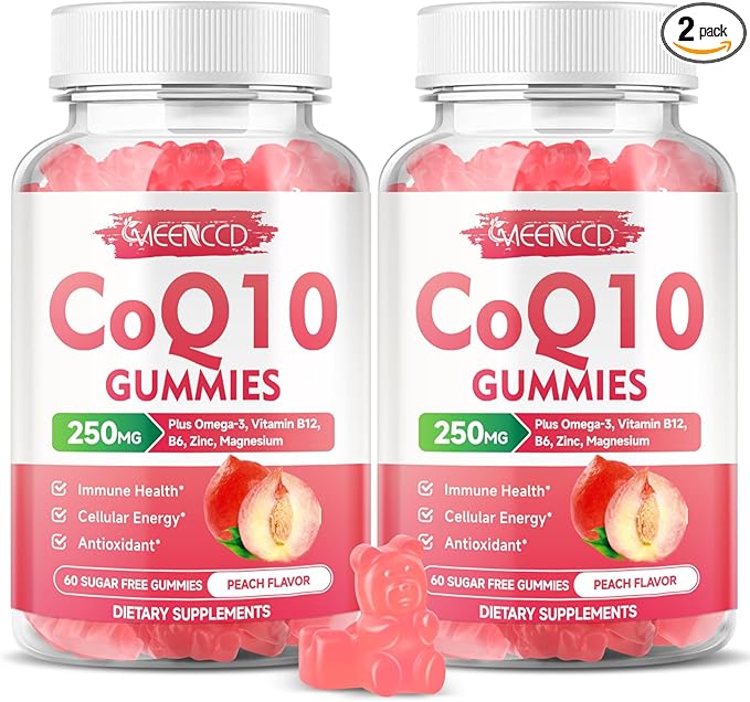 CoQ10 Gummies 250mg, Coenzyme Q10 Supplements Plus Omega-3, Vitamin B6 & Zinc, High Absorption CoQ10 Supplement for Cellular Energy & Antioxidant Support, Vegan, Peach Flavor, 120 Count