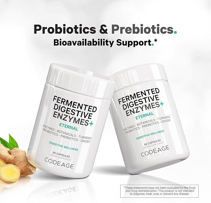 Codeage Fermented Digestive Enzymes Supplement 3-Month Supply - 14 Digestive Enzymes, Probiotics, Prebiotics, Fermented Botanicals, Plant-Based Multi Pancreatic Enzymes - 1 Capsule a Day - 90 Capsules