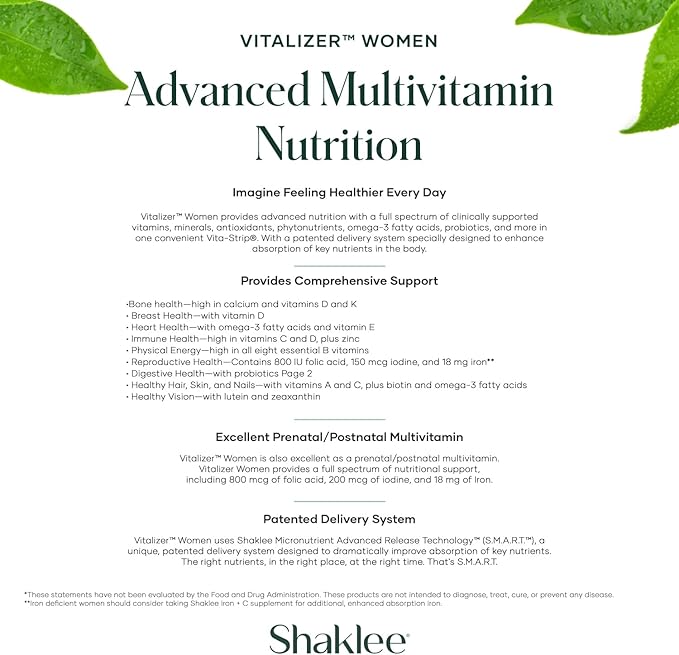 Shaklee -Vitalizer Women - Advanced Nutrition - Prenatal/Postnatal Multivitamin with Omega-3, Probiotics, and More - Supports Heart, Joint, Immune, Bone, Digestive, and Energy - 30 Vita-Strips®