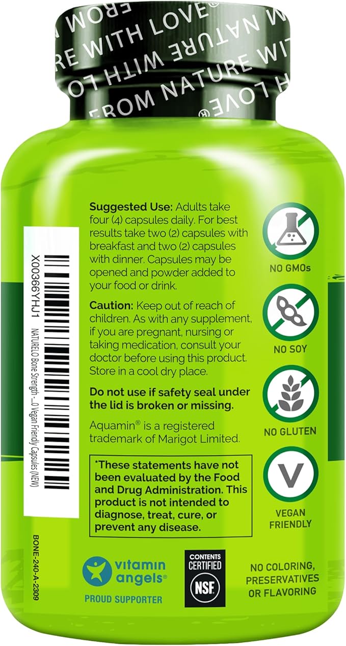 NATURELO Calcium Supplement - with Vitamin C, Vitamin D3, K2, and Calcium Magnesium Zinc for Bone Strength with Calcium 600mg - Plant-Based, 240 Vegetarian Capsules, Non-GMO, Soy & Gluten-Free