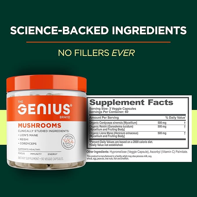 Genius Mushroom Supplement - Full-Spectrum Lion’s Mane, Cordyceps, Reishi -Daily Brain Nootropic for Energy, Focus, Memory & Overall Wellness - 180 Capsules – Organic for Mental Clarity & Performance