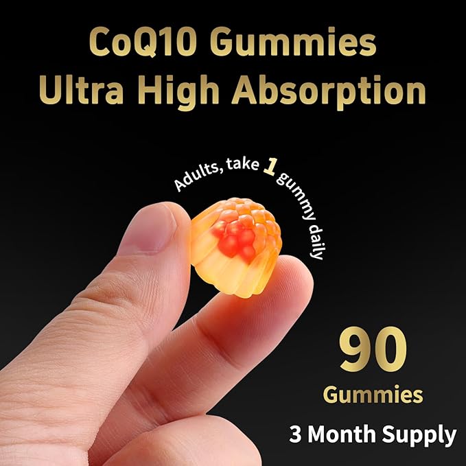 CoQ10 Gummies, Co Q 10 Supplement Sugar Free, Cq10 600mg with Omega 3 & Vitamin E, High Absorption Coenzyme Q10 Gummies for Heart Heathy, Energy & Antioxidant Support, Orange Flavor, 90 Count