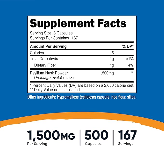 Nutricost Psyllium Husk 1500mg Per Serving, 500 Capsules - Non-GMO & Gluten Free
