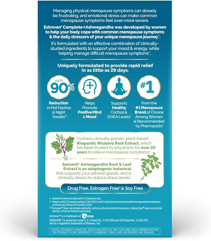 Estroven Complete + Ashwagandha Multi-Symptom Menopause Supplement for Women - 60 Ct. - Clinically Proven Ingredients Provide Menopause Relief & Night Sweats + Hot Flash Relief* - Drug-Free & Non-GMO