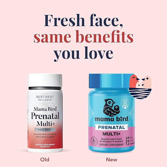 Best Nest Wellness Mama Bird Prenatal Multi Plus - Prenatal Care Supplement Supports Brain & Digestive Health - Vegan Multivitamin with L-Methylfolate, Probiotics & More - 30 Caplets (30 Servings)