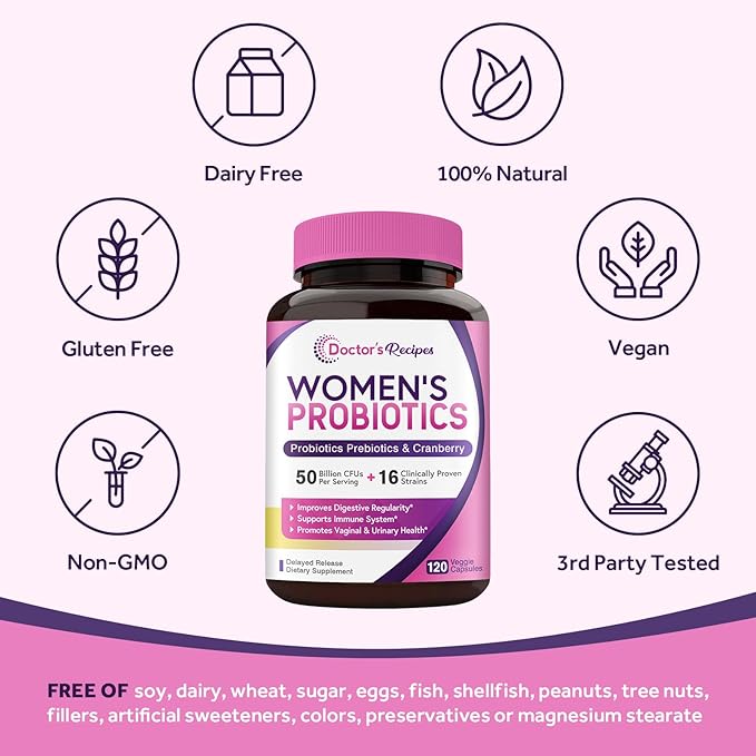 Doctor's Recipes Women’s Probiotic, 120 Caps 50 Billion CFU 16 Strains, with Organic Cranberry, Digestive Immune Vaginal & Urinary Health, Shelf Stable, Delayed Release, No Soy Gluten Dairy