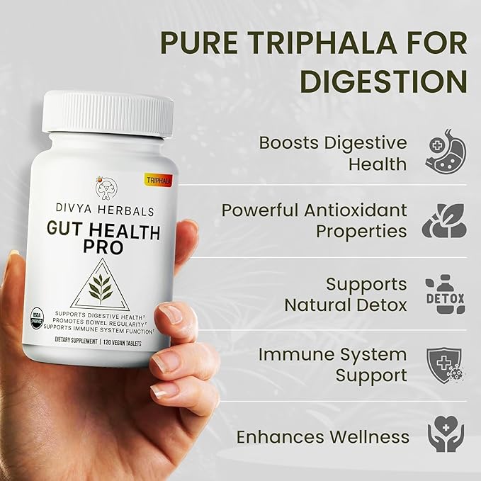 Gut Health Pro - Detox, Digestive Health, Gas & Bloating Relief - Constipation Support - Immune Boost - Organic Triphala Supplement - for Women & Men - Uncoated Vegan Tablets - 60 Svgs