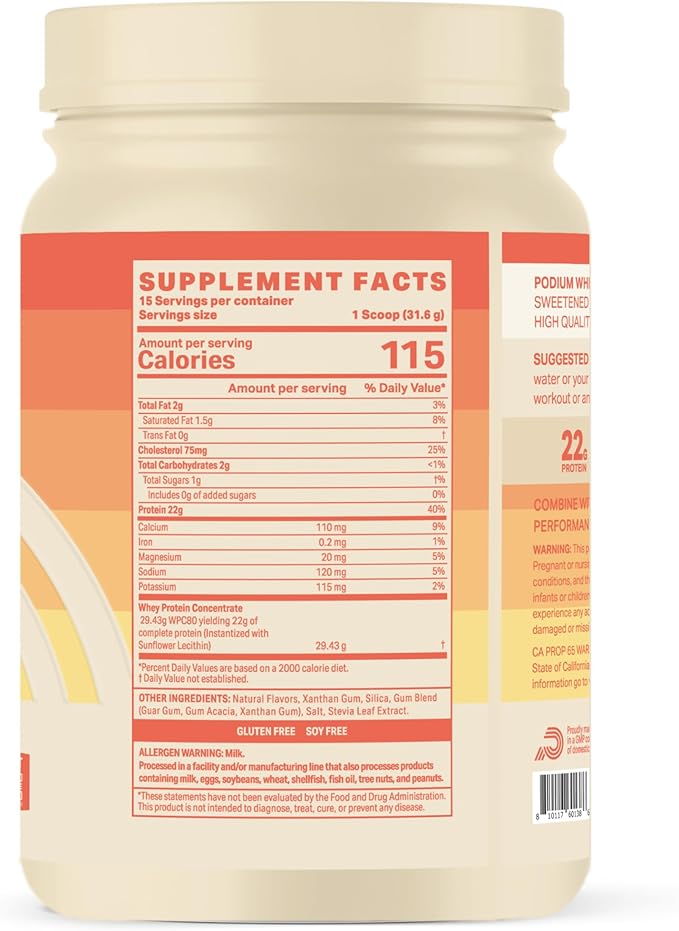 Podium Nutrition Whey Protein Powder, Vanilla Ice Cream, 22g Protein Per Serving with Digestive Enzymes, Whey Protein Isolate & Concentrate, Gluten Free, Low Carb, Low Sugar & Soy Free, 15 Servings