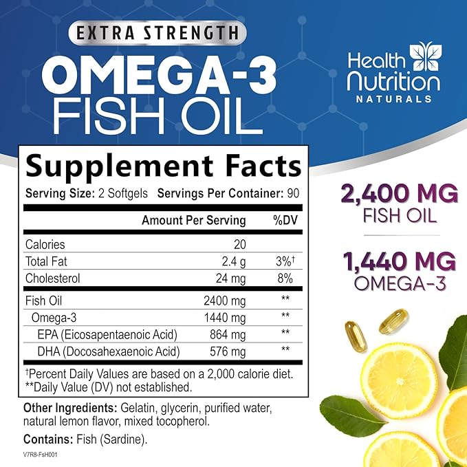 Omega 3 Fish Oil 2400 mg - Triple Strength Omega3, EPA & DHA Fatty Acids Supplement - Natural Support for Immune, Heart & Brain Health - Wild Caught, Non-GMO, Lemon Flavor, Burpless - 180 Softgels