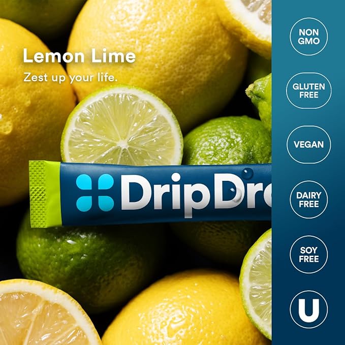 DripDrop Hydration - Lemon Lime - Electrolyte Drink Mix Single Serve Hydration Powder Packets | Non-GMO, Gluten Free, Vegan | 32 Sticks
