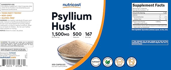 Nutricost Psyllium Husk 1500mg Per Serving, 500 Capsules - Non-GMO & Gluten Free