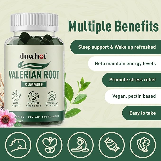 Valerian Root Gummy, Organic Valerian Root for Sleep & Stress Relief, Enhanced with Chamomile Flower for Adults, Kids-Friendly, Apple Flavor, 60 Counts
