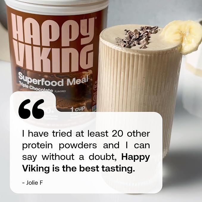 Happy Viking Triple Chocolate Protein + Superfoods Powder, Created by Venus Williams, 20G Protein, Low Carb, Keto, Vegan, Gluten-Free, Non-GMO, Complete Meal Replacement, 1 Canister (24 oz.)