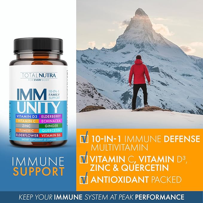 10-In-1 Immune Support Supplement: Immune Boosters for Adults & Kids Daily Immunity Defense with Key Immune System Vitamins Zinc, Vitamin C and D, Plus Elderberry, Quercetin, Echinacea & More, 60 Caps