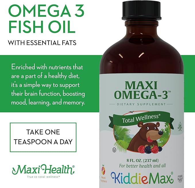 Maxi Health Kids Omega-3 - Fish Oil Liquid with DHA and EPA Fatty Acids - Kids Fish Oil Supplement, 8 fl. Ounces (Pack of 1)