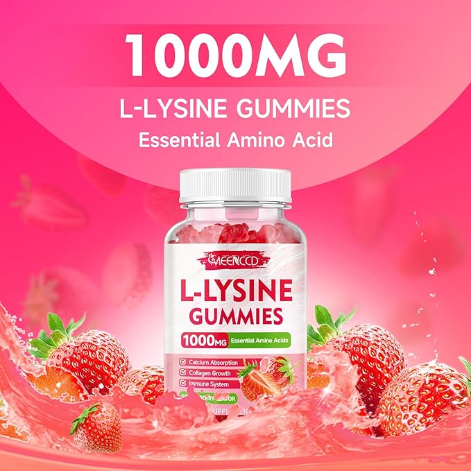2 Pack L-Lysine 1000mg Gummies, Lysine Supplement for Adults & Kids, Essential Amino Acid for Oral & Lips Health, Boost Immune & Calcium & Collagen, Sugar-Free, Strawberry Flavor, 120 Count