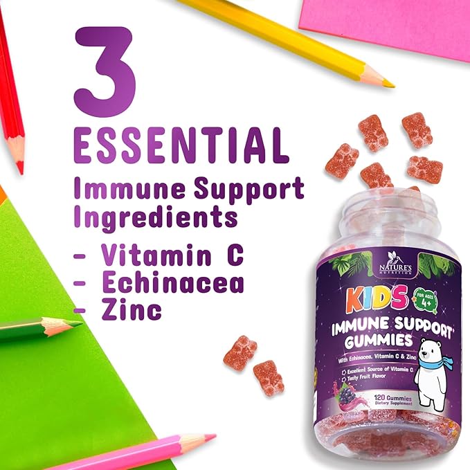 Kids Immune Support Gummy - Vitamin C, Zinc & Echinacea, Daily Children's Immune Support Gummies for Kids Ages 4 and Up, Nature's Vitamins for Kids, Vegan & Non-GMO, Natural Berry Flavor - 120 Gummies