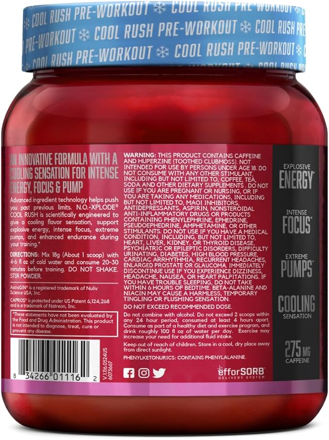 BSN N.O.-XPLODE Cool Rush Pre Workout Powder, Preworkout Energy Supplement for Men and Women with Creatine and Beta-Alanine, New Flavor: Bubblegum Blast, 30 Servings