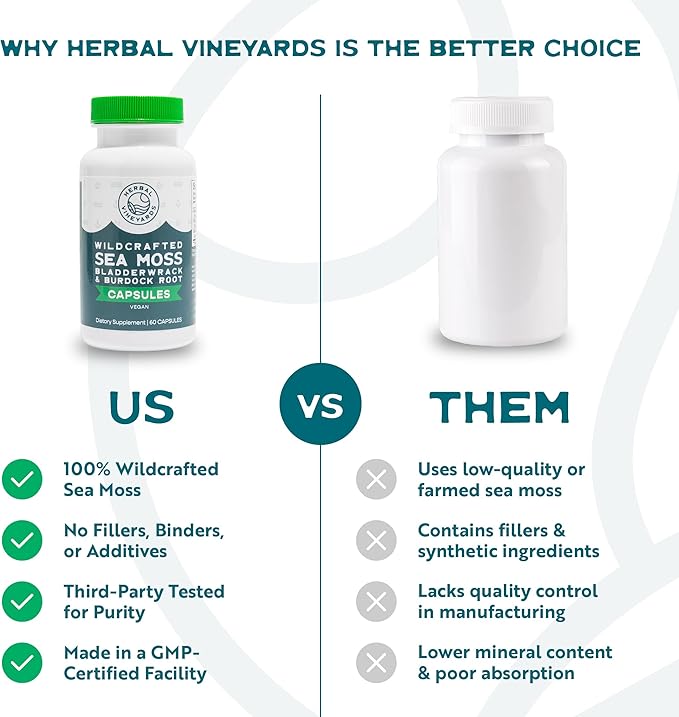 Herbal Vineyards Organic Wildcrafted Vegetable 60 Capsules | 1500MG | Pack of 1 | Irish Sea Moss, Bladderwrack and Burdock Root, Immune Support, Healthy Skin & Energy | Powerful Immunity Booster
