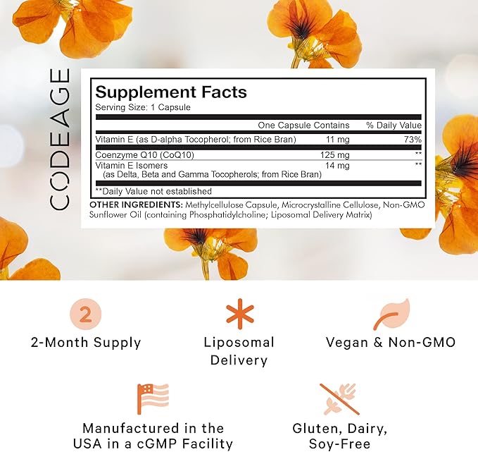 Codeage Liposomal CoQ10 Supplement - 125 mg Coenzyme Q10 with Vitamin E Isomers Tocopherols - 2-Month Supply - 1 Capsule Per Serving - Liposomal Delivery - Vegan, Non-GMO, Gluten-Free - 60 Capsules
