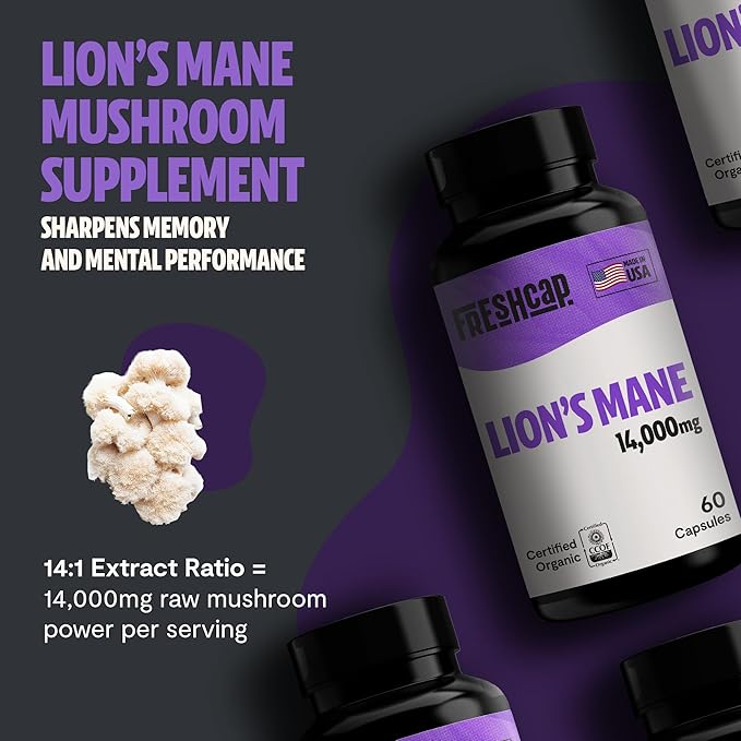 FreshCap Lions Mane Supplement Capsules 14,000mg - Lion's Mane, High Potency Extract, 14:1 Organic Mushroom Supplement, Ayurveda Focus Made in USA (60 Capsules)