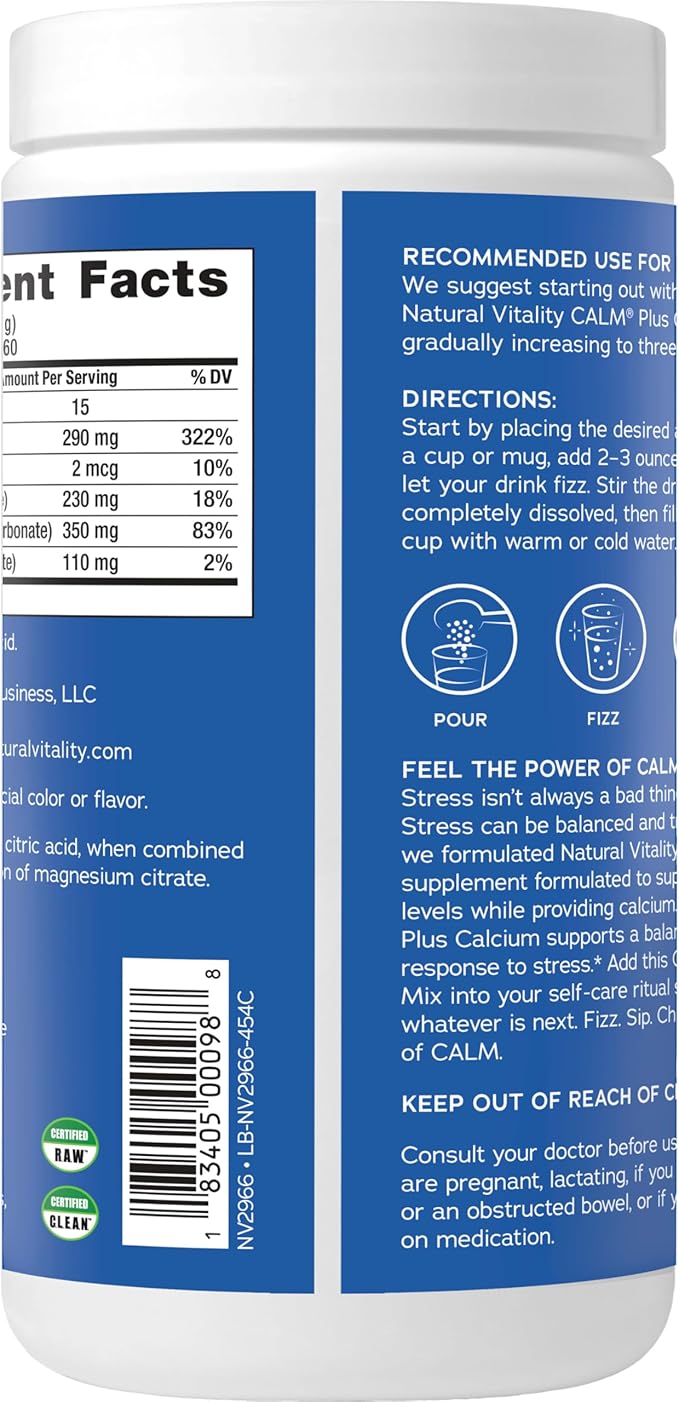 Natural Vitality Calm, Magnesium Citrate & Calcium Supplement, Drink Mix Powder Supports a Healthy Response to Stress, Gluten Free, Vegan, & Non-GMO, Original, 16 oz