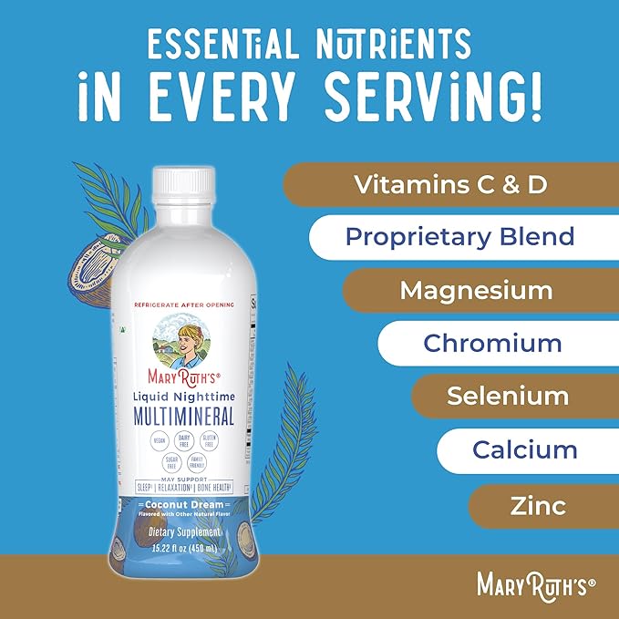 MaryRuth's Liquid Nighttime Multimineral | Sugar Free | Calm Magnesium Citrate | NO Melatonin | Calcium Magnesium Zinc | Muscle Relaxation | Available in 4 Flavors | Vegan | Gluten Free | 15 Servings