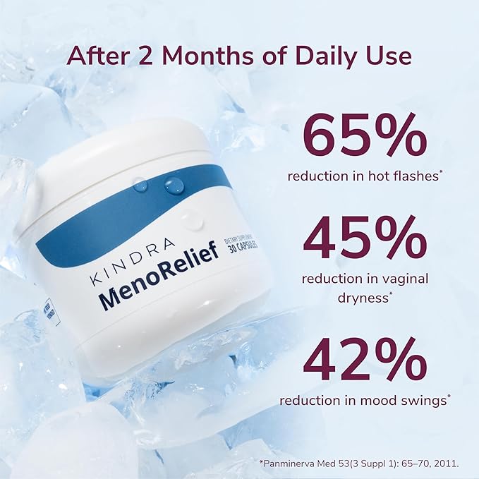 Kindra MenoRelief Menopause Perimenopause Supplement - Hormone-Free - for Hot Flashes, Night Sweats, Brain Fog, Low Libido, Vaginal Dryness for Women - Maca Root, Pycnogenol®, Dr-Recommended - 30 Ct