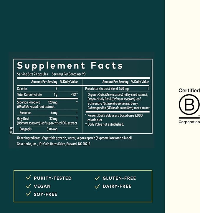 Gaia Herbs Adrenal Health Daily Support - with Ashwagandha, Holy Basil & Schisandra - Herbal Supplement to Help Maintain Healthy Energy and Stress Levels - 180 Liquid Phyto-Capsules (180 Count)