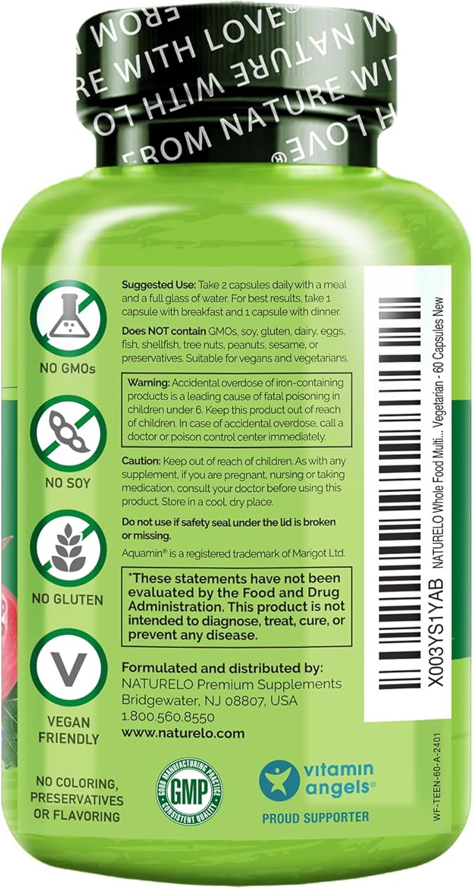 NATURELO Whole Food Multivitamin for Teens - Vitamins and Minerals for Teenage Boys and Girls - Supplement for Active Kids - with Organic Whole Foods - Non-GMO - Vegan & Vegetarian - 60 Capsules