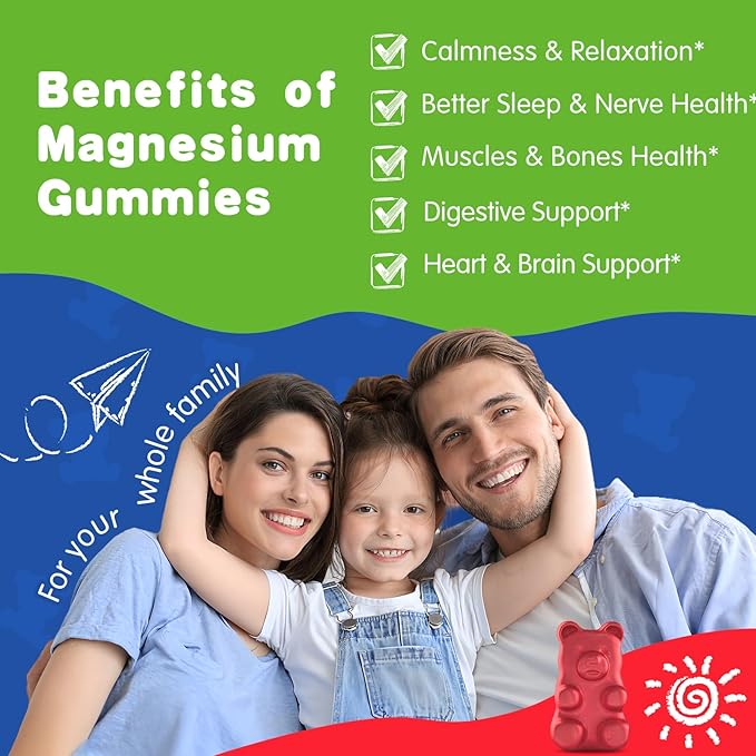 Kids Magnesium Gummies - Magnesium Glycinate Citrate Chewable Supplement with Vitamin B6, D3, Passion Flower, L-theanine - Sugar Free Calm Magnesium for Kids & Adults Sleep, Mood, Relaxation, 60 Chews