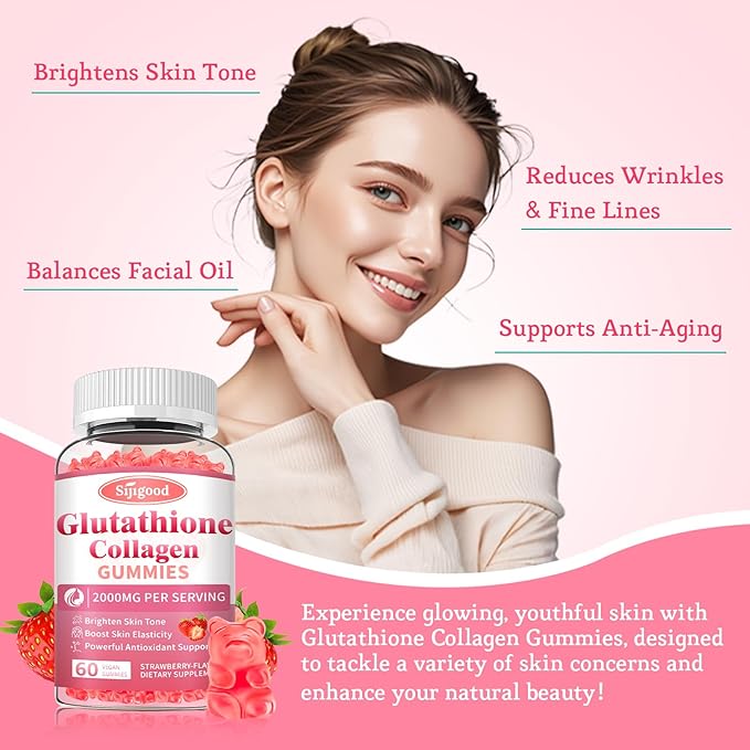 Glutathione Collagen Gummies, Skin Brightening & Anti-Aging, Supports Hair, Skin & Nail Health, Glutathione Supplement for Women, Strawberry Flavor, 60 Count