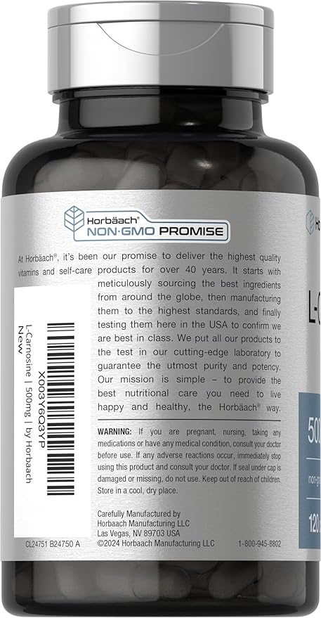 Horbäach L-Carnosine 500mg | 120 Capsule Supplement | Non-GMO & Gluten Free Powder Pills