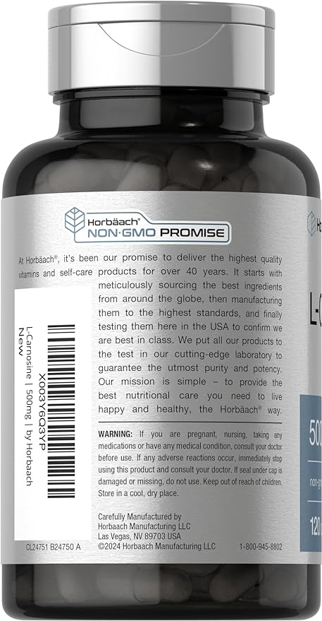 Horbäach L-Carnosine 500mg | 120 Capsule Supplement | Non-GMO & Gluten Free Powder Pills