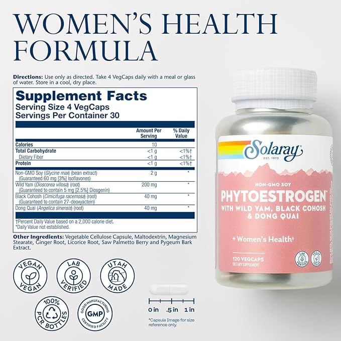 SOLARAY PhytoEstrogen Menopause Supplements - Wild Yam, Black Cohosh, and Dong Quai Estrogen Pills for Women's Health - Vegan, Lab Verified, 60-Day Guarantee (30 Servings, 120 VegCaps)