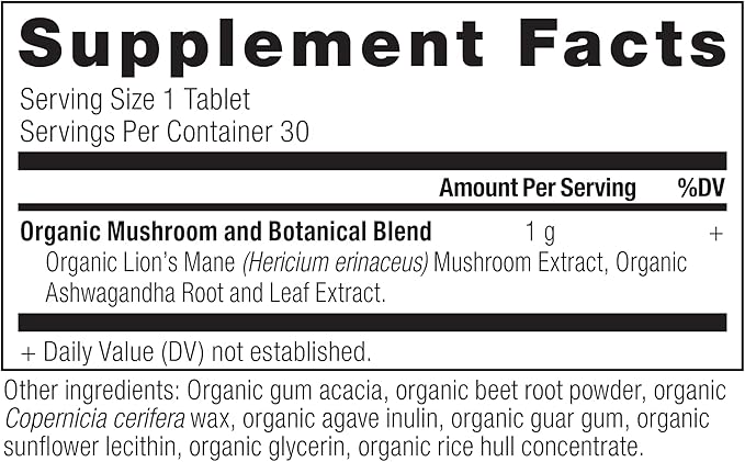 Ancient Nutrition Organic Lion's Mane Mushroom Supplement with Ashwagandha, Organic Lion's Mane Supports Healthy Energy and Concentration, Reduces Fatigue, Gluten Free and Keto Friendly, 30 Tablets