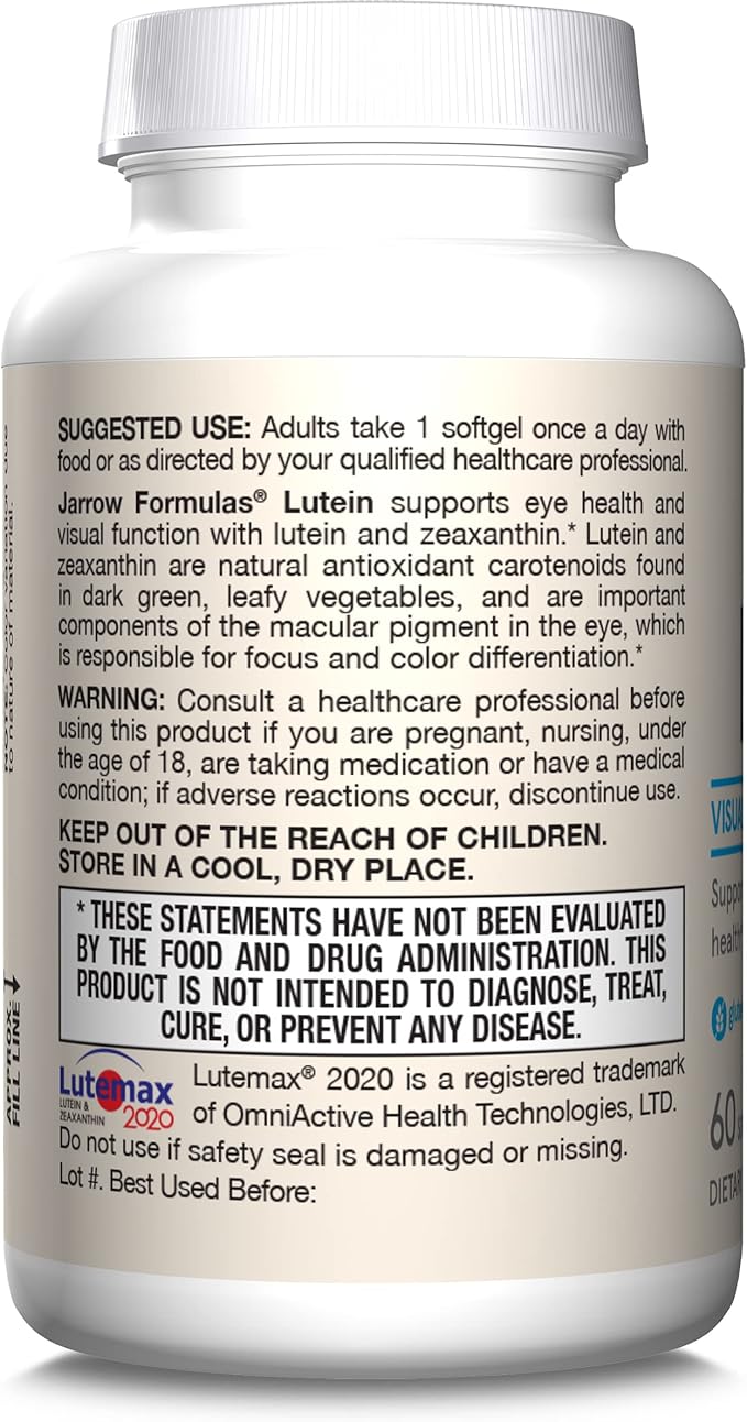 Jarrow Formulas Lutein 20 mg With Zeaxanthin, Dietary Supplement for Visual Function and Macular Health Support, 60 Softgels, 60 Day Supply