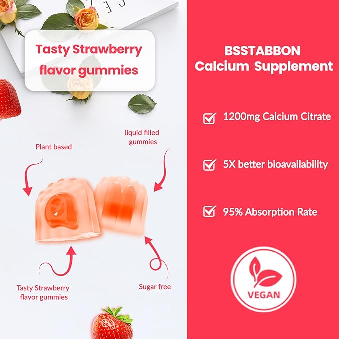 Calcium Citrate Supplement Gummies for Adult: Women & Men Sugar Free 1200 Mg Calcium Chewable Gummy - Organic Vegan Supplements for Energy&Immune Support(120Count