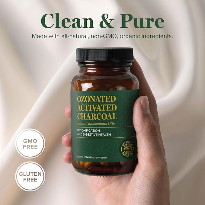 Global Healing Ozonated Activated Charcoal Powder - Advanced Digestive Detox That Adsorbs Internal Unwanted Compounds - Helps Relieve Occasional Gas Discomfort - 60 Activated Charcoal Pills