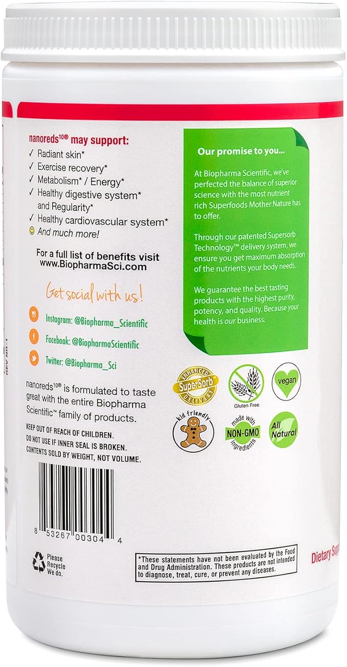 Biopharma Scientific Nanoreds: Reds Superfood Fruit & Vegetable Powder Smoothie Mix for Digestive Health & Immunity with Antioxidants, VitaminC, Elderberry, Pomegranate, Berry Flavor, 30 Servings