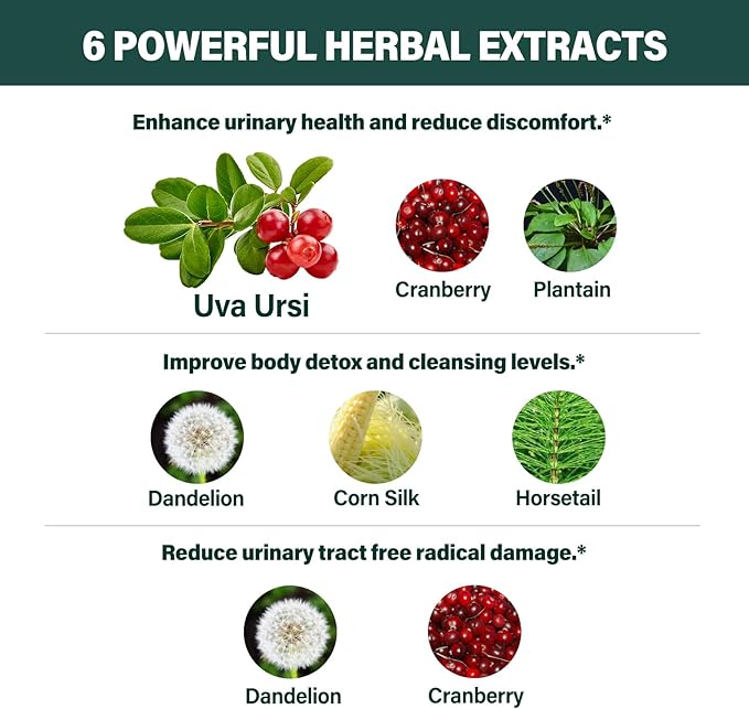 Uva Ursi Bearberry Natural Diuretic Drops, Urinary Health & Kidney Cleanse Detox Herbal Supplement Support UTI & Water Away, Extract W/Dandelion Root Cranberry, Alcohol-Free Tincture.2oz